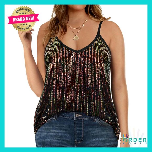 Plus Size Sequin Tank Top V Neck Strappy Sparkle Party Wear Sleeveless